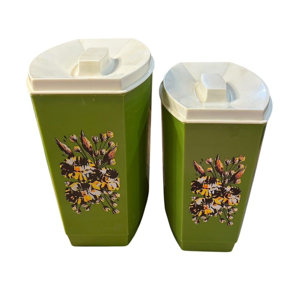 Vintage Mod‎ Avocado Green Canister Set 1970s Retro Floral Kitchen Decor